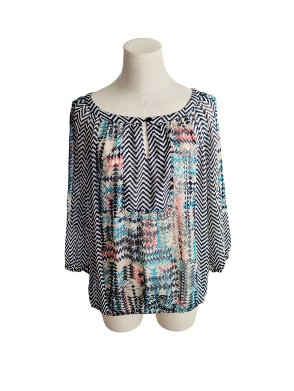 Zac & Rachel Chevron Black Watercolor Aztec Sheer Keyhole Blouse Size Medium